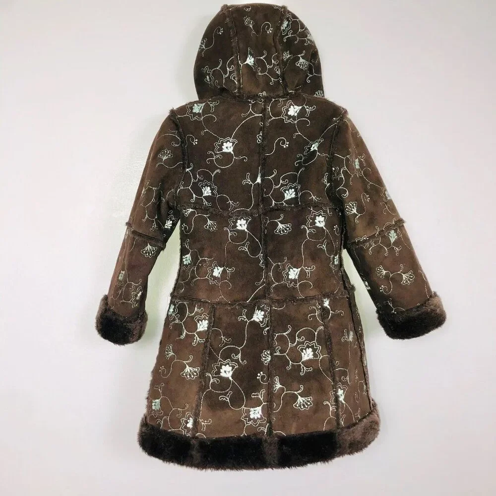 Vintage Y2K Rothschild Girls 4T Coat Brown Teal Embroidered Faux Fur Winter Long